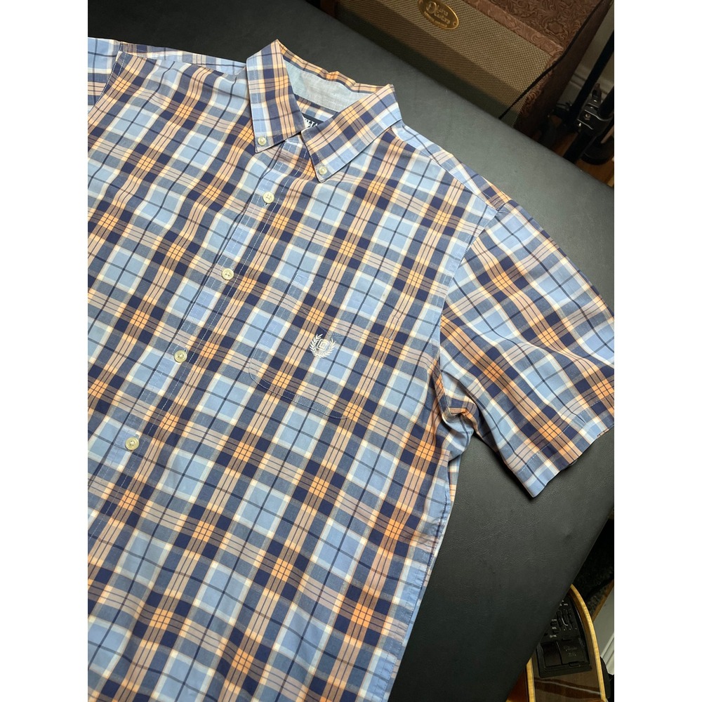 Chaps Button Down Shirt Mens Large Blue Orange Excellent Short Sleeve Plaid